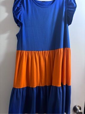 Blue and Orange Tiered Midi Dress with Ruffle Sleeves